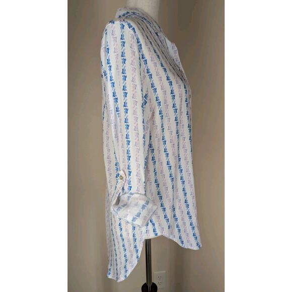 Jane and Delancey Bird Print Stripe Top Women’s Small White Blue Roll Tab Sleeve - Picture 4 of 10